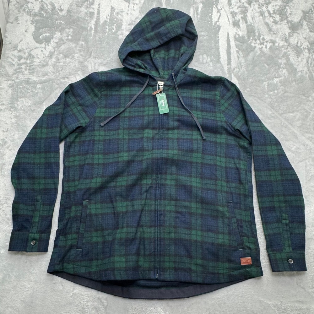 New LL Bean Hoodie Women XL Tall Green Black Watch Scotch Plaid Zip Up Flannel